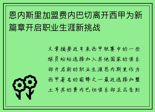 恩内斯里加盟费内巴切离开西甲为新篇章开启职业生涯新挑战